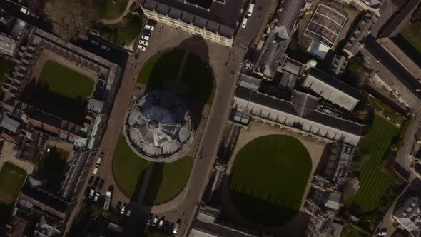 Top down drone shot over Oxford old city University library