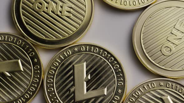 Rotating shot of Litecoin Bitcoins 