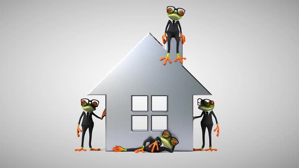 Fun business frogs next to a house alt