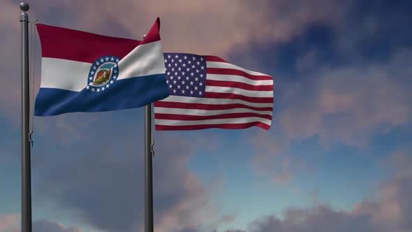 Missouri State Flag Waving Along With The National Flag Of The USA  - 2K