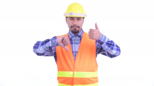 Confused Bearded Persian Man Construction Worker Choosing Between Thumbs Up and Thumbs Down