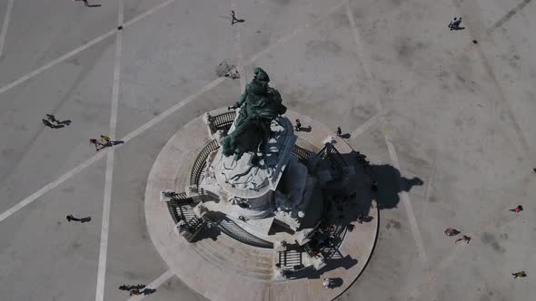 4k aerial view of statue of King Jose I located at commerce square - Lisbon, Portugal