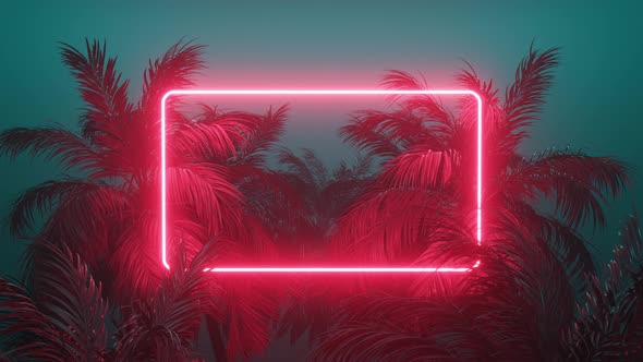 Retrowave Glowing Rectangle Frame Appears in the Tropical Palm Tree Zoom in