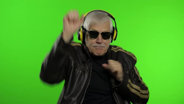 Elderly Senior Caucasian Grandfather Rocker Man Dance, Listen Music. Chroma Key