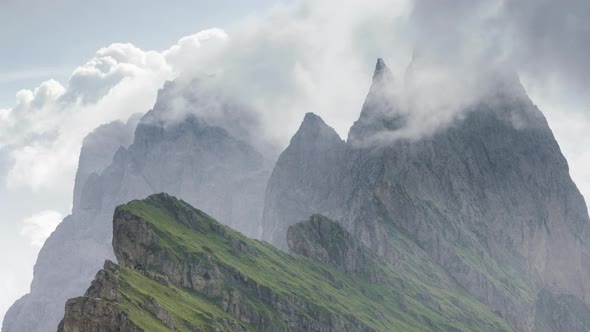 Time Lapse Cloudscape Over Seceda Mountain in Dolomites Italy