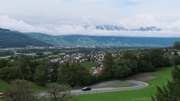 Scenic Panorama of Vaduz Valley By the River Rhine Liechtenstein Alps Mountains