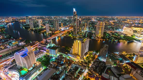 time lapse of Bangkok city with Chao Phraya River at night, Thailand