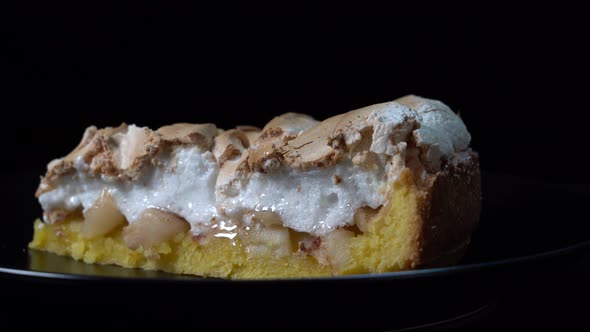 Apple cream cake from short pastry with custard. Piece of apple pie rotate