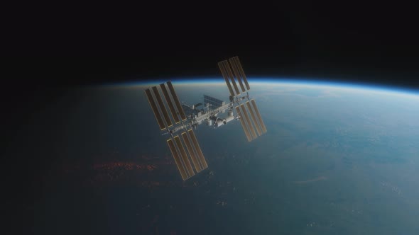 Animation of the International Space Station ISS Floating in Orbit Above Planet Earth in Outer Space