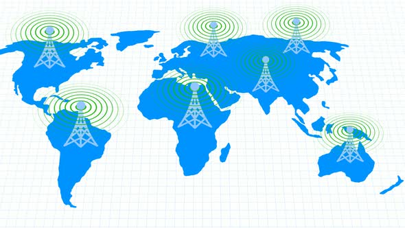 Blue Color World Map Network Tower Wave Animation on White Background