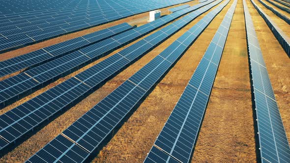 Multiple Battery Lines at the Photovoltaic Power Field. Renewable Energy, Solar Electricity Concept.