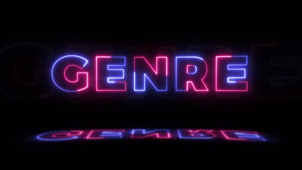 Neon glowing word 'GENRE' on a black background with reflections on a floor. Neon glow signs alt