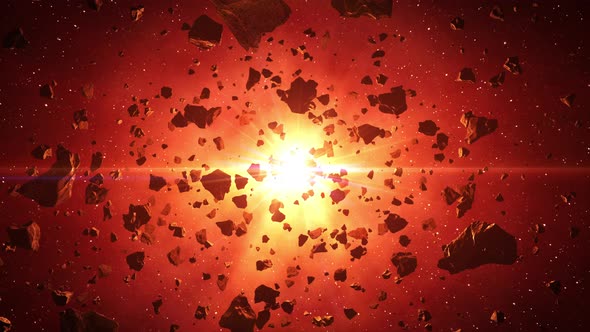 Asteroids Cluster In The Rays Of Red Sun alt