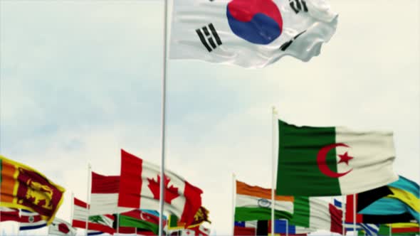 South Korea Flag With World Globe Flags Morning Shot