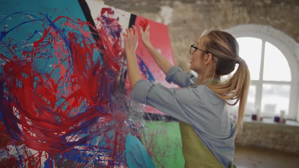 Innovative Artist Draws with Her Hands on the Large Colorful Canvas Emotional Sensual Painting