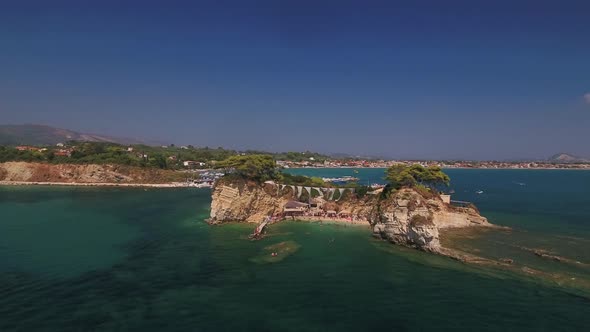 Flying the drone over Agios Sostis (Cameo Island) in Zakynthos, Greece