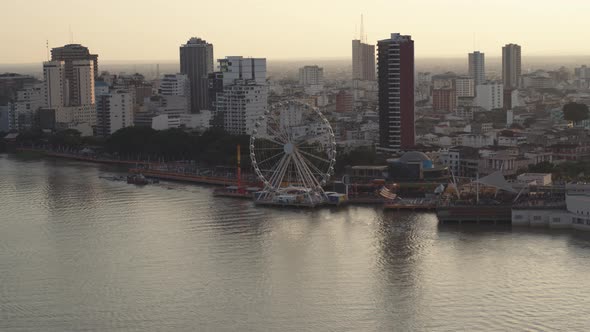 Panoramic View o Guayaqui City in Ecuador. Travelling In of the city, the river and the port.