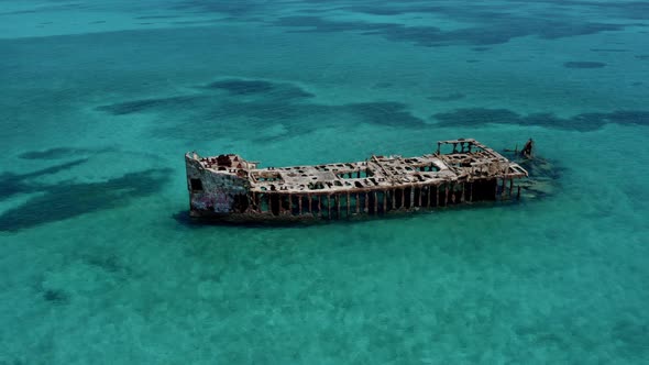 SS Sapona Shipwreck In Middle Of Blue Sea Near Bimini In The Bahamas. - aerial