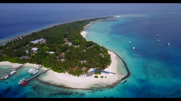 Aerial flying over seascape of paradise tourist beach journey by turquoise sea and white sandy backg