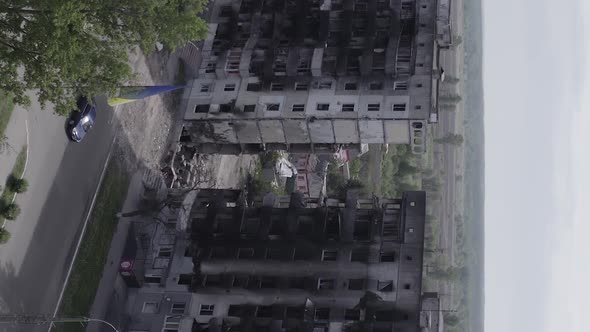 Vertical Video of the War in Ukraine  a Destroyed Building in Borodyanka