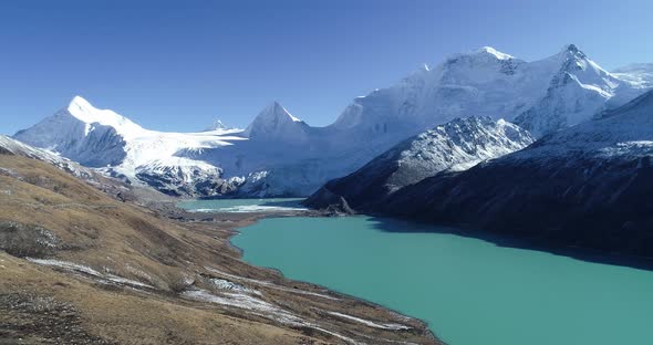 Drone flying over high altitude lagoon in Tibet,China.Aerial view drone footage