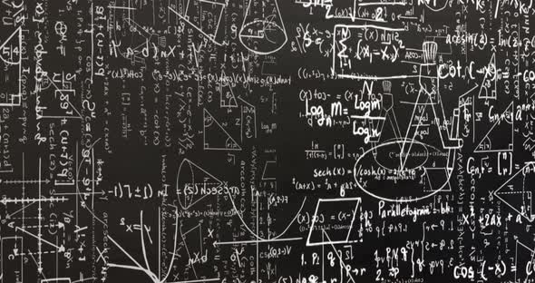 White mathematical formulae and geometric drawings on blackboard alt