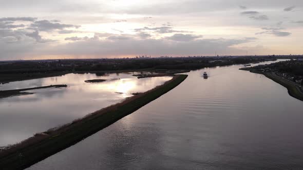 Reflection Of Sunlight On The Calm Waters Of Noord River In The Netherlands. aerial