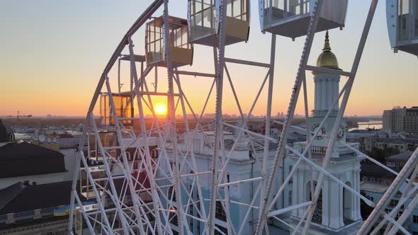 Ferris Wheel in the Morning at Sunrise in Kyiv, Ukraine. Aerial View