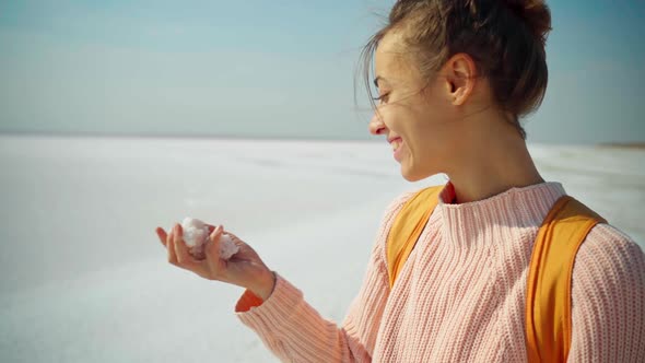 Womans Hand Holding Crystallized Salt Natural Mineral Formation