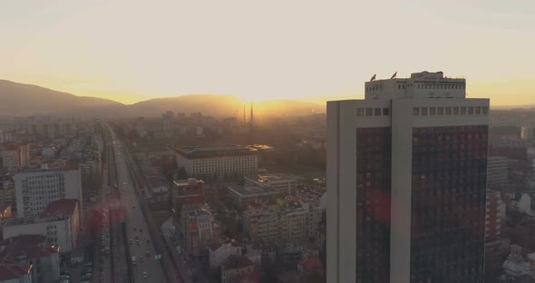 Tall Office Building Windows Reflecting Sunset Light in Sofia, Bulgaria