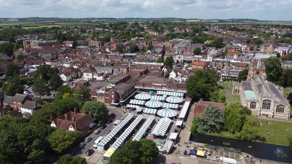 Market Hitchin Hertfordshire, market town England UK drone aerial view