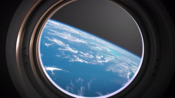 Earth As Seen Through Window Of Spaceship, Flight Of The Space Station Above The alt