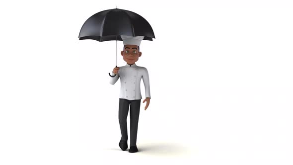 Fun 3D cartoon chef walking with an umbrella