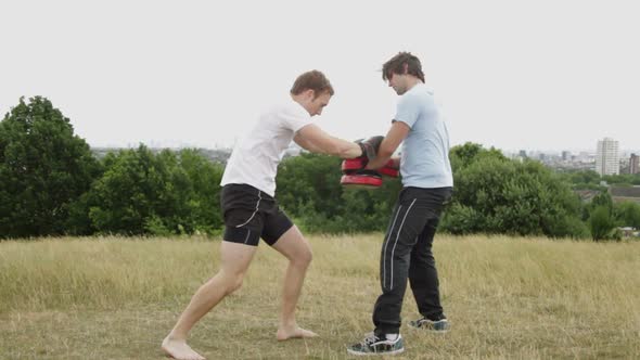 Two male box training in park