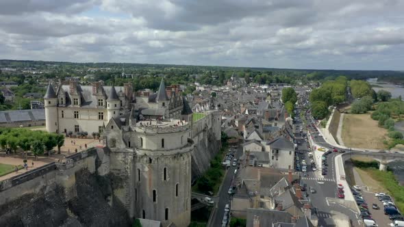 Aerial Flight Around the Castle of Amboise in France on a Sunny Day