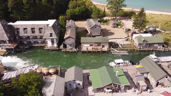 Historic Fishtown In Leland Michigan - aerial drone shot