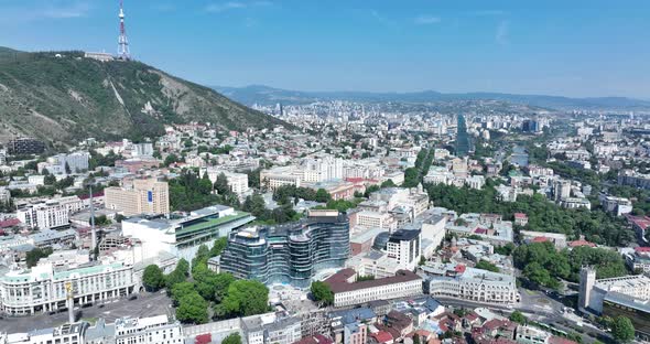 Aerial view of center of Tbilisi under Mount Mtatsminda. Georgia 2022