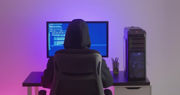 Rear View of Man Hacker in Hood Working at Computer