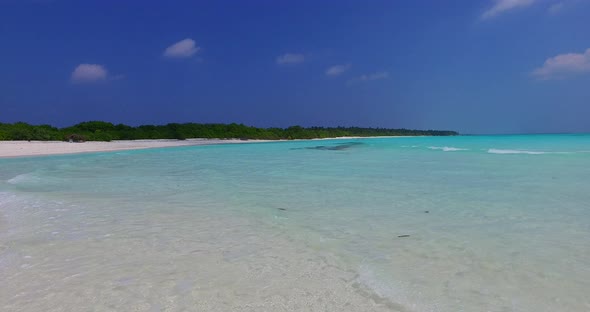 Daytime fly over abstract view of a sunshine white sandy paradise beach and blue ocean background in