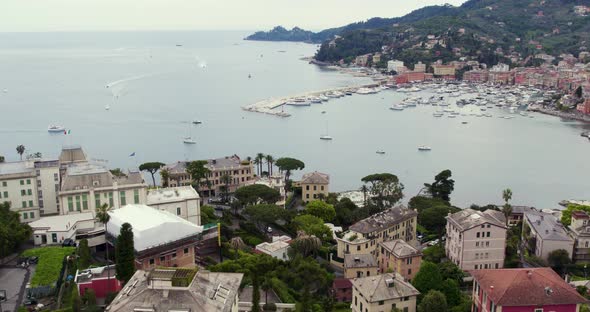 Aerial Footage Of Santa Margherita Ligure Port. Yachts In The Ligurian Sea.