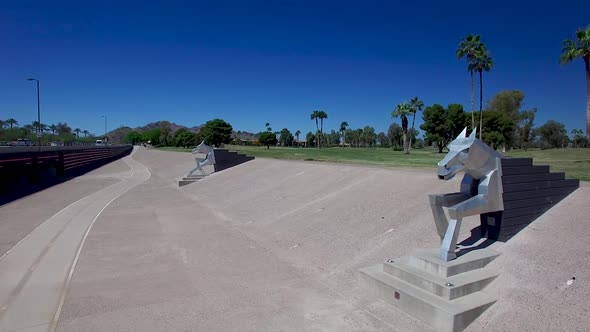 Giant 14 foot Aluminum horse sculpture divert flood waters from the Indian bend wash.