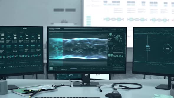 Futuristic microscopic scanner is inspecting blood cells for biology research alt