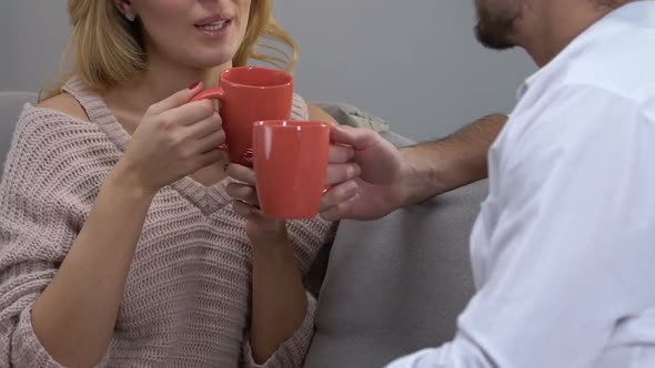 Couple Drinking Hot Beverage, Having Casual Conversation, Comfortable Atmosphere