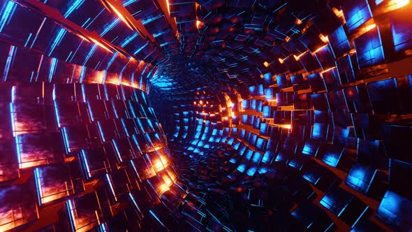 Flying through a tunnel of blue and orange metal cubes. Infinitely looped animation.