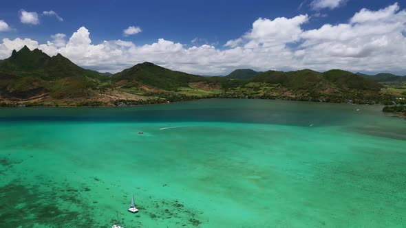 View From the Height of the Beautiful Blue Bay Beach with Boats on the Island of Mauritius in the