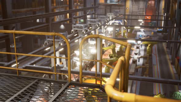 Interior of Car Factory with a Production Line alt