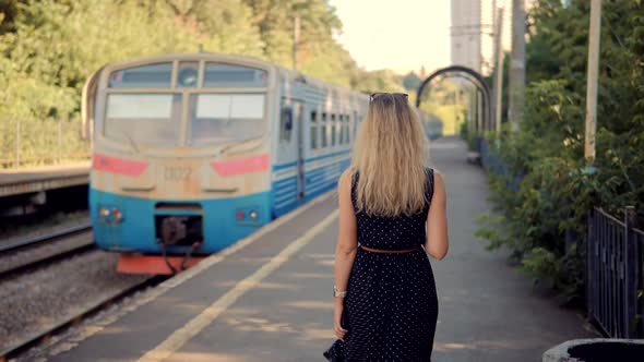 Female Walking On Summer City. Active Lifestyle On Vacation Travel Tourism Adventure.