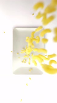 Macaroni Falls on a Blue Plate Top View. Close-up, Slow-motion