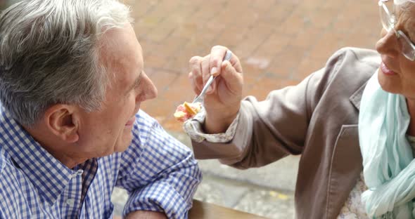 Senior woman feeding sweet food to senior man in cafe 4k