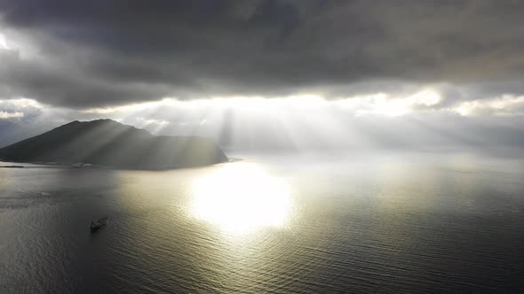 Aerial view of boats sailing Summer Bay, Unalaska, Alaska, United States..